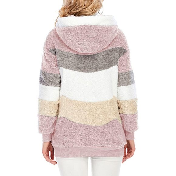 Women's Fuzzy Fleece Jacket Hooded Color Block Patchwork Cozy Winter Coat - Picture 5 of 5